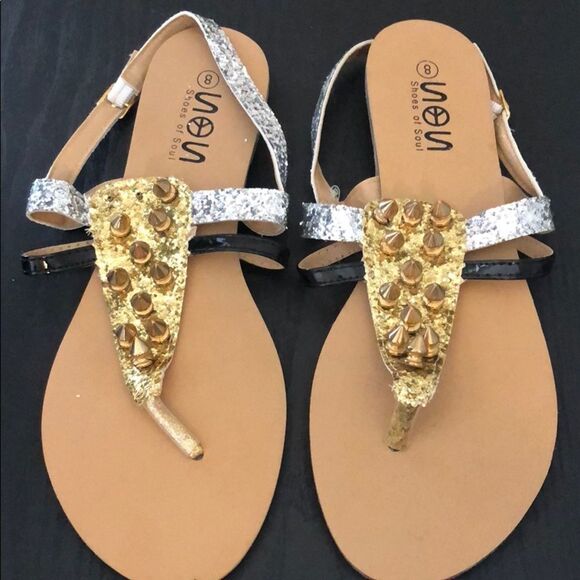 SHOES OF SOUL S.O.S | Spike Sandals Gold Silver Glitter Women’s Size 8 - Picture 1 of 3